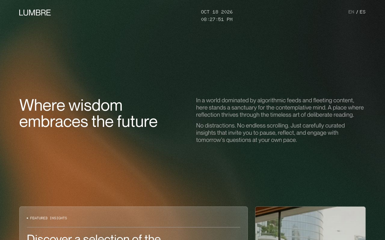 The home page of Lumbre: “Where wisdom embraces the future”, in white over a dark green and copper gradient.
